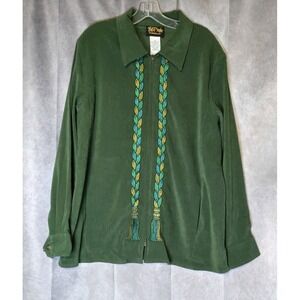 Bob Mackie Jacket Shirt Stretch Moleskin Embroidered Tassel Hunter Green Size XL